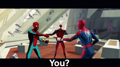 A Cartoon Of Spider-Man Shaking Hands With Another Spider-Man With The Caption " You " GIF