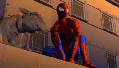 A Cartoon Of Spider-Man Sitting On A Building With A Statue In The Background GIF