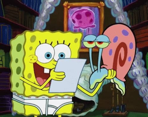 A Cartoon Of Spongebob And Gary Reading A Paper GIF