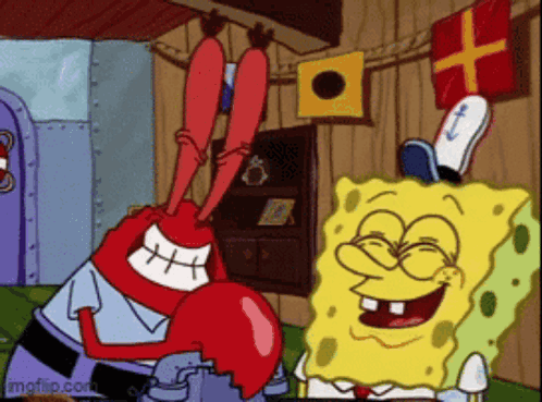 A Cartoon Of Spongebob And Mr. Krabs Laughing Together GIF