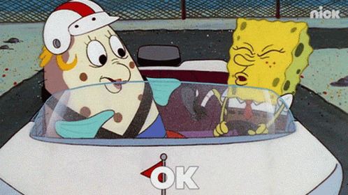 A Cartoon Of Spongebob And Mrs. Bikini Bottom In A Car That Says " Ok " GIF