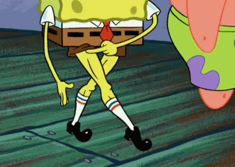A Cartoon Of Spongebob And Patrick Dancing On A Wooden Floor GIF