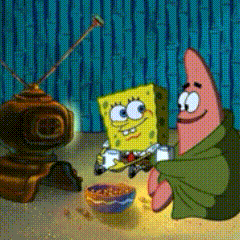 A Cartoon Of Spongebob And Patrick Eating Cereal In Front Of A Tv GIF