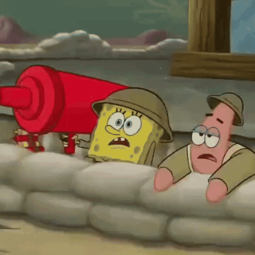 A Cartoon Of Spongebob And Patrick In A War Scene GIF