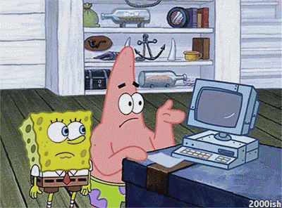 A Cartoon Of Spongebob And Patrick Looking At A Computer Monitor GIF