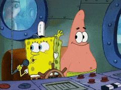 A Cartoon Of Spongebob And Patrick On A Boat With A Microphone GIF