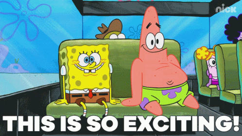 A Cartoon Of Spongebob And Patrick On A Bus With The Words " This Is So Exciting " GIF