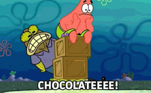 A Cartoon Of Spongebob And Patrick Saying " Chocolateeee " GIF