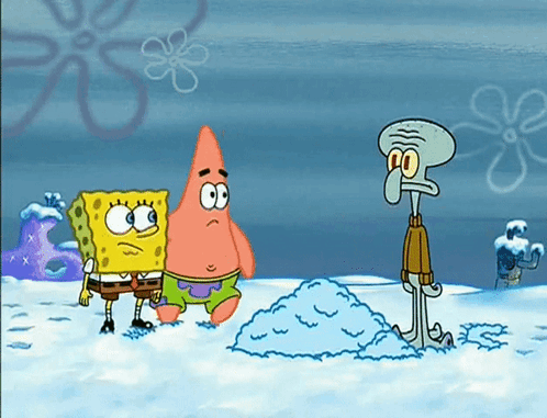 A Cartoon Of Spongebob And Patrick Standing In The Snow GIF