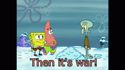 A Cartoon Of Spongebob And Patrick Standing In The Snow With The Words Then It 'S War Below Them GIF