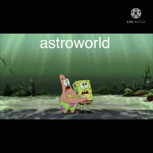 A Cartoon Of Spongebob And Patrick Standing In The Water With The Words Astroworld Written On The Bottom GIF