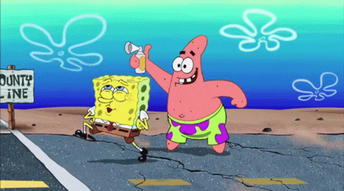A Cartoon Of Spongebob And Patrick Standing Next To A Sign That Says Bounty Line GIF