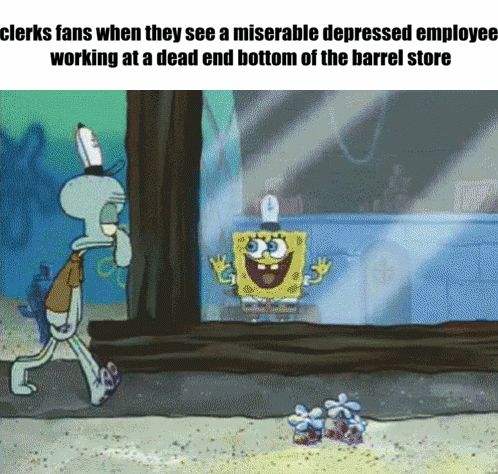 A Cartoon Of Spongebob And Squidward Looking Out A Window At A Depressed Employee GIF
