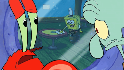a cartoon of spongebob and squidward looking through a glass window