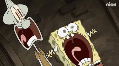 a cartoon of spongebob and squidward screaming with the nick logo in the background