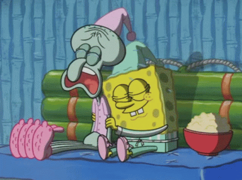 A Cartoon Of Spongebob And Squidward Sitting Next To Each Other On A Table GIF