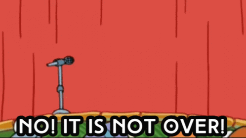 A Cartoon Of Spongebob And Squidward Standing On A Stage With The Words No It Is Not Over . GIF