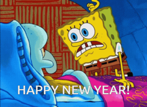 A Cartoon Of Spongebob And Squidward Wishing Happy New Year GIF