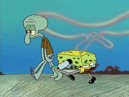 A Cartoon Of Spongebob Carrying A Box Of Pizza And Squidward Carrying A Surfboard GIF