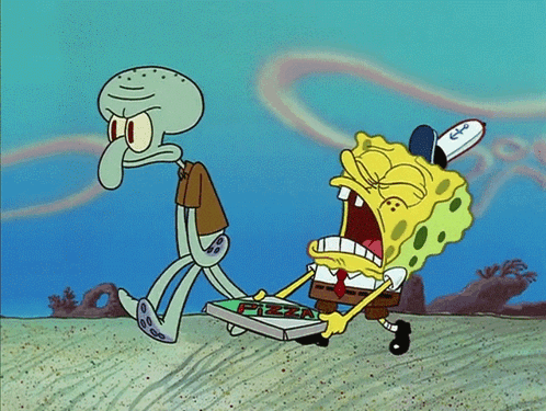 A Cartoon Of Spongebob Carrying A Pizza Box Next To Squidward GIF