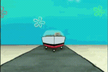 A Cartoon Of Spongebob Driving A Boat On A Road . GIF