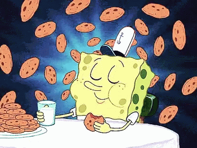 A Cartoon Of Spongebob Eating A Cookie And Drinking Milk Surrounded By Cookies GIF