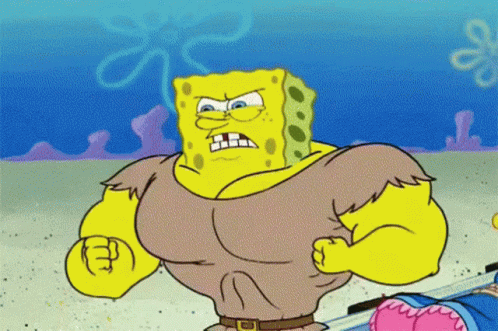 A Cartoon Of Spongebob Flexing His Muscles With An Angry Expression GIF