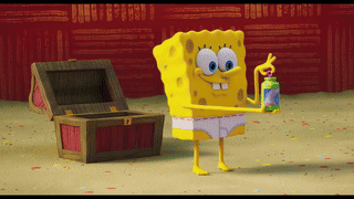 A Cartoon Of Spongebob Holding A Can Of Soda In Front Of A Treasure Chest GIF