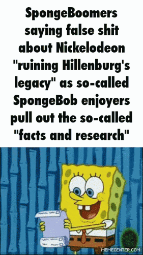 A Cartoon Of Spongebob Holding A Clipboard With A Caption That Says Spongeboomers Saying False Shit GIF