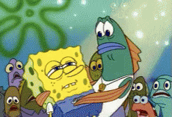 A Cartoon Of Spongebob Holding A Fish Surrounded By Other Fish GIF