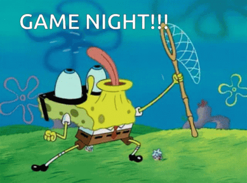 A Cartoon Of Spongebob Holding A Fishing Net With The Words Game Night Below Him GIF