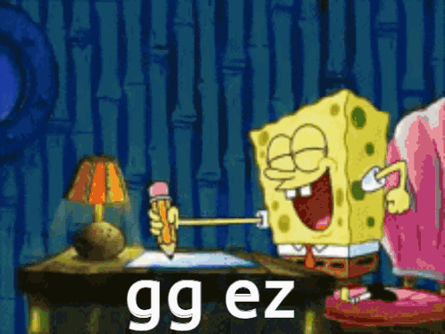 A Cartoon Of Spongebob Holding A Pencil And Writing On A Piece Of Paper With The Words Gg Ez On The Bottom GIF