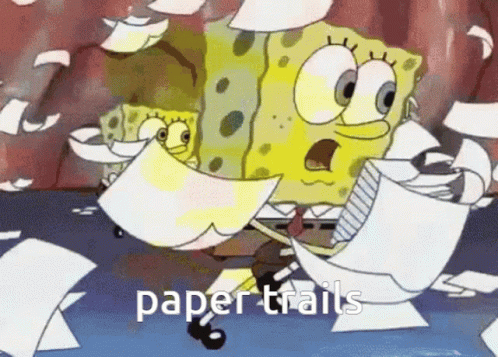 A Cartoon Of Spongebob Holding A Piece Of Paper With The Words Paper Trails Written On It GIF