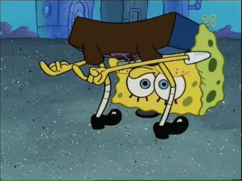 A Cartoon Of Spongebob Holding A Piece Of Wood In His Mouth GIF
