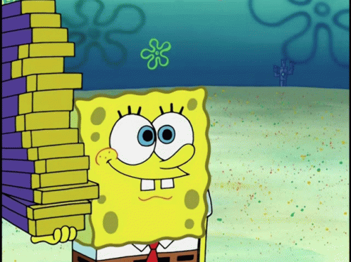 A Cartoon Of Spongebob Holding A Stack Of Purple Blocks GIF