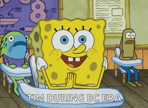A Cartoon Of Spongebob In A Classroom With The Words Tim During Bc Era GIF