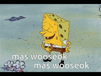 A Cartoon Of Spongebob Laughing With The Words Mas Wooseok GIF