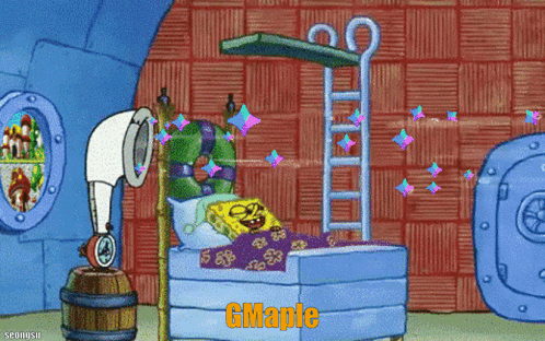 A Cartoon Of Spongebob Laying In A Bed With Gmaple Written On The Bottom GIF