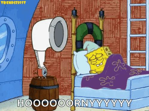 A Cartoon Of Spongebob Laying In A Bed With The Caption Hoooooornyyyyy GIF