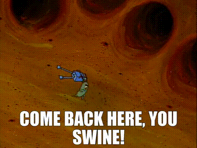 A Cartoon Of Spongebob Laying On A Pillow With The Words Come Back Here You Swine GIF
