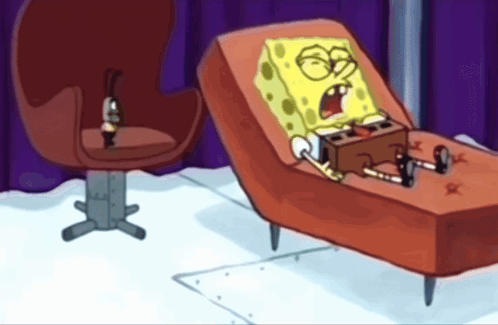 A Cartoon Of Spongebob Laying On A Red Chair GIF