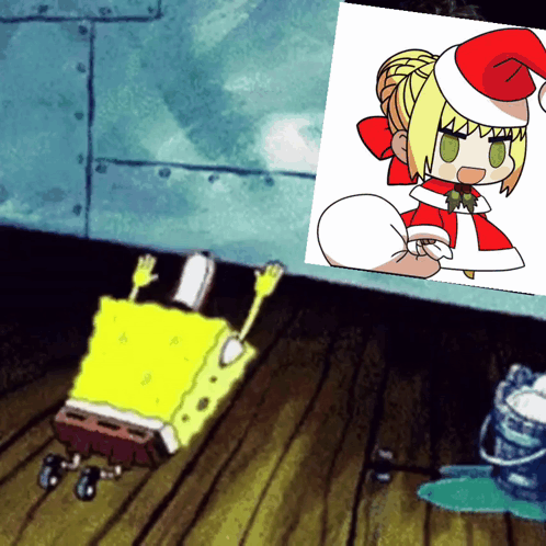 A Cartoon Of Spongebob Laying On The Floor Next To A Picture Of A Girl Wearing A Santa Hat GIF