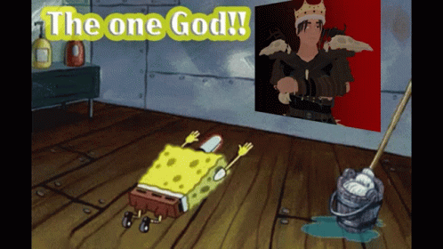 A Cartoon Of Spongebob Laying On The Floor With The Words " The One God " Behind Him GIF