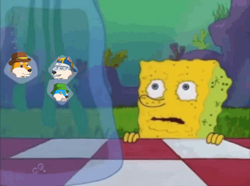 A Cartoon Of Spongebob Looking At A Bubble With Three Dogs Behind Him GIF