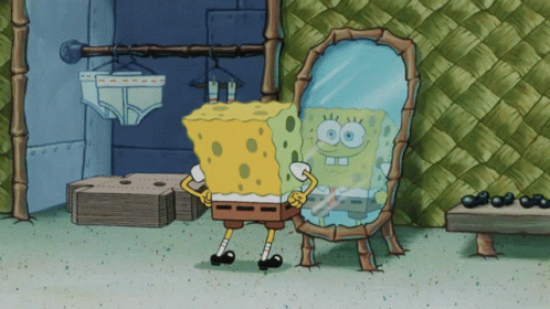 A Cartoon Of Spongebob Looking At Himself In The Mirror GIF