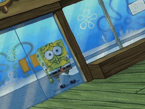 A Cartoon Of Spongebob Looking Out A Glass Door GIF