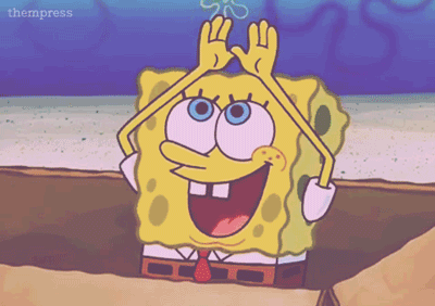 A Cartoon Of Spongebob Making A Funny Face With His Hands In The Air GIF