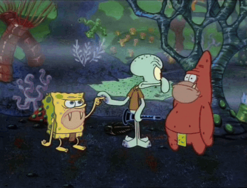 A Cartoon Of Spongebob Patrick And Squidward In A Forest GIF