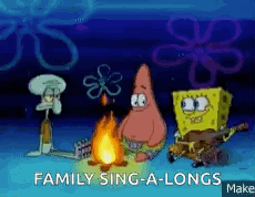 A Cartoon Of Spongebob Patrick And Squidward Singing By A Campfire GIF