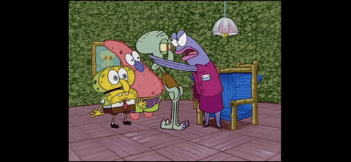 A Cartoon Of Spongebob Patrick And Squidward Standing In A Room GIF